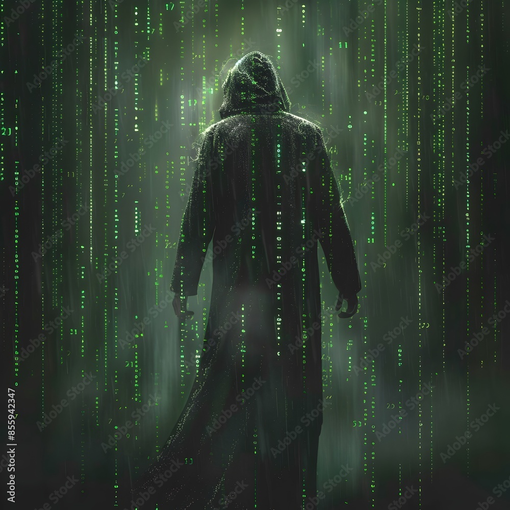 Poster mysterious hacker in matrix style digital realm with cascading green code