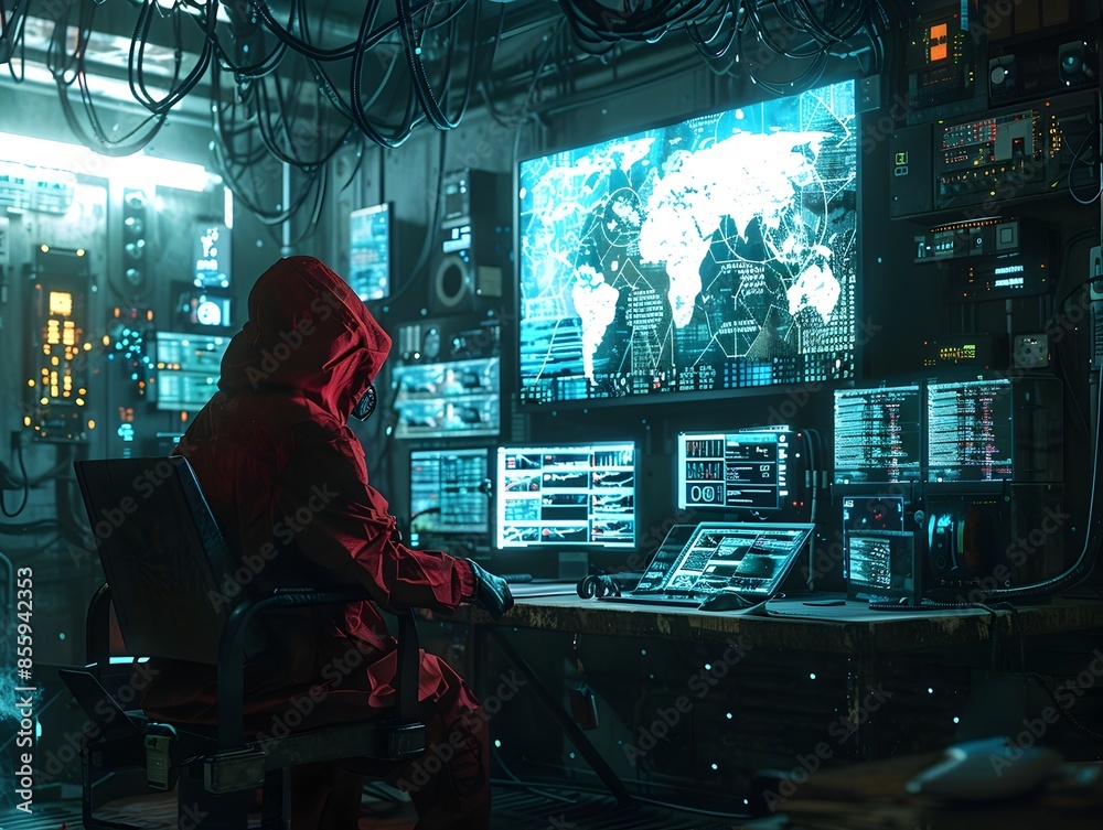 Poster hacker navigating advanced tech in futuristic underground workspace