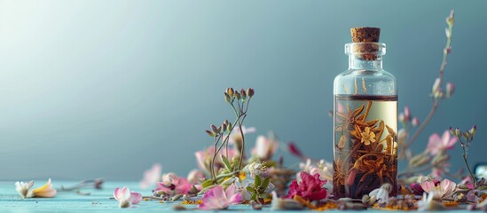 Alternative medicine or herbal medicine in aromatherapy bottle. Copy space image. Place for adding text or design