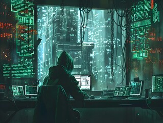 Hacker in High Tech Underground Bunker Surrounded by Advanced Technology Concept