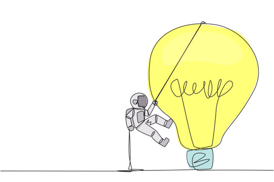recommend clip art: Single one line drawing astronaut climbing lightbulb with rope. Trying to reach high places to get useful fresh ideas. For the company's benefit. Work hard. Continuous line design graphic illustration