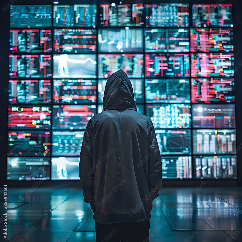 Poster Hacker Surrounded by Digital Screens Displaying Vast Data Flows and Cybersecurity Analytics