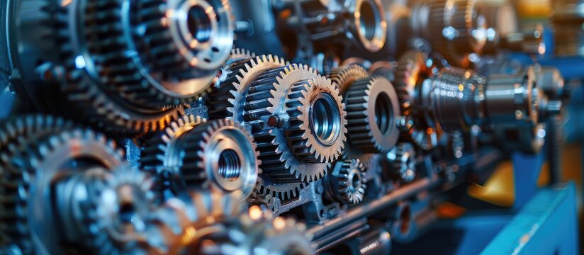 Close-up of automobile engine steel gears and bearings disassembled for repair at car service station. Copy space image. Place for adding text or design