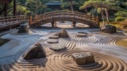 Zen rock garden with raked gravel