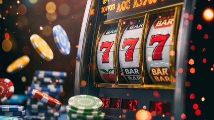 Slot machine wins the jackpot 777 in casino. Banner.