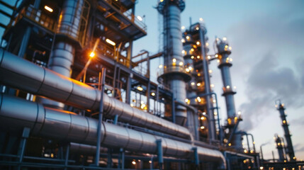 A large industrial plant with many pipes and a lot of lights. Scene is industrial and somewhat ominous