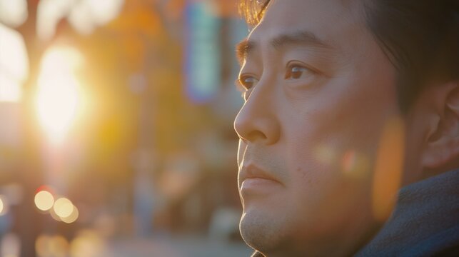 Close-up of a pensive Korean man in the street at sunset, blurted background with copy space 