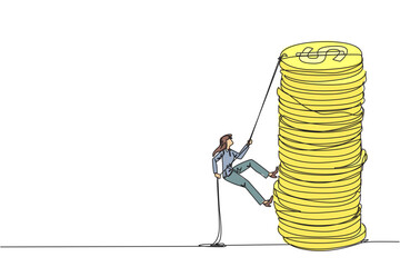 Single one line drawing businesswoman climbs stack of coins with rope. The entrepreneur trying hard climbing the rope to reach top of coins. Better future. Continuous line design graphic illustration