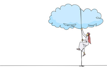 Continuous one line drawing Arab businessman climbing clouds with rope. A metaphor for hanging dreams sky high. Ultimate success. Hard worker. Work smarter. Single line draw design vector illustration