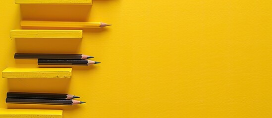 Creative idea, imagination, design and invention concept. Flat lay minimal style of staircase pencils on yellow pastel background with copy space. Outstanding idea is attractive.
