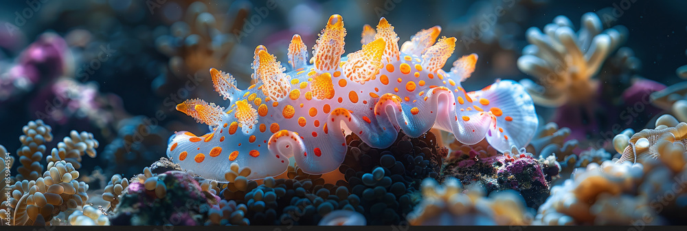 Wall mural A Nudibranche frog fish creature with orange and white spots is on a rocky reef. The image has a vibrant and lively mood, with the bright colors of the sea and rocky background