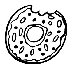 Hand drawn Bitten donut icon in doodle style isolated on a white background. Bitten donut, bakery, desserts, sweet donut with sprinkles sign and symbol. Vector illustration
