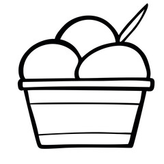 Hand drawn Ice cream balls in a cup in outline style isolated on a white background. Vector icon illustration. Template for greeting card, postcard, print, fashion design, menu.