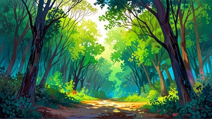 Serene forest path with sunlight streaming through the canopy, illuminating lush green foliage and creating a peaceful and picturesque atmosphere.