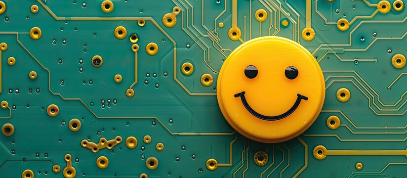 Blank circuit board / breadboard with emoji /face shape pastel background. Copy space image. Place for adding text and design