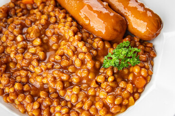 lentils with sausages fresh meal food snack on the table copy space food background rustic top view