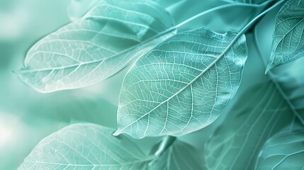 Obraz premium Digital technology blue green leaf plant texture abstract poster web page PPT background