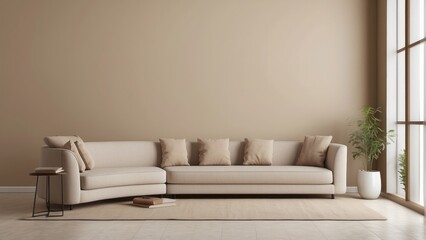 Interior home of living room with sofa on beige neutrals wall copy space mockup