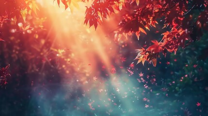 An enchanting autumn background featuring a tranquil forest scene bathed in the soft glow of the setting sun. Vibrant red leaves dance in the breeze, 