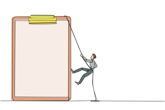 Continuous one line drawing businessman climbing clipboard with rope. Extra effort to work on reports optimally. The final report is awaited. Work hard. Single line draw design vector illustration