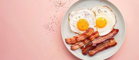 Breakfast with bacon, fried egg and sausage on a white dish pastel background. Copy space image. Place for adding text and design