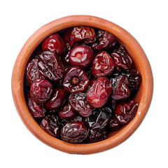Dried Cherries in a Clay Bowl Flat Lay. Red Dried Cherries With Wrinkled Texture in a Brown Rustic Clay Bowl on .. Isolated on a Transparent Background. Cutout PNG.