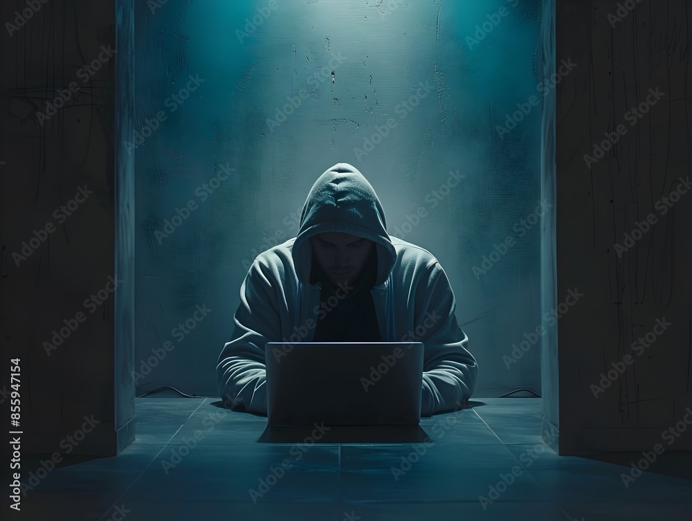 Poster lone hacker in a minimalist workspace intensely focused on laptop screen cybersecurity concept with 