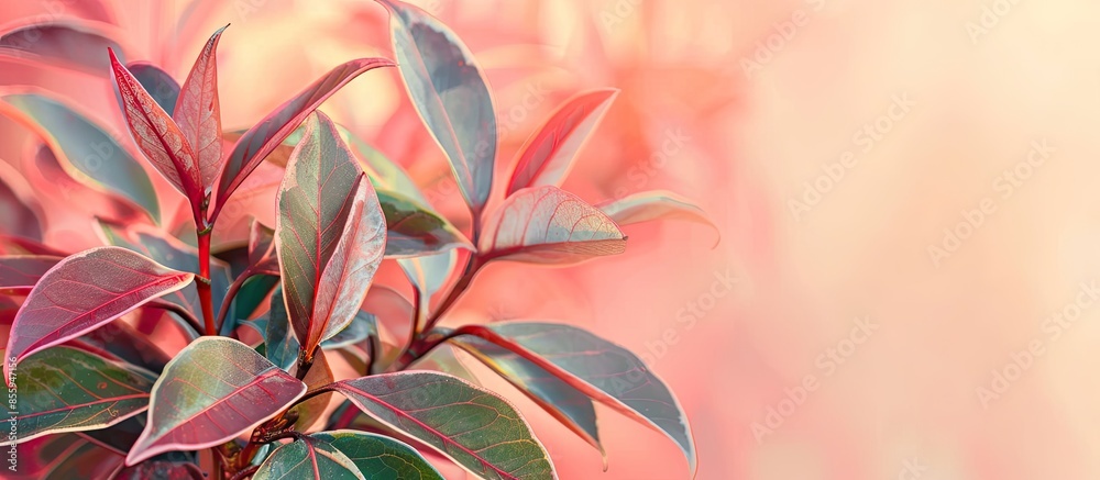 Wall mural beautiful plants of ruby ficus elastica branch and colorful leaves. copy space image. place for addi