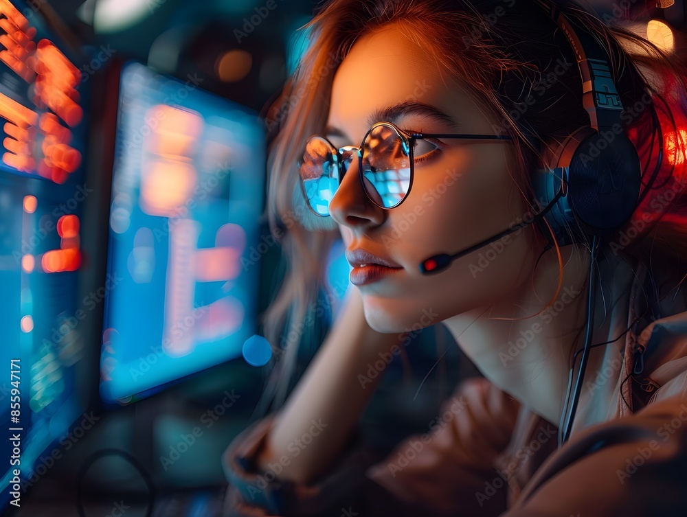 Poster focused female hacker analyzing security system on computer monitor