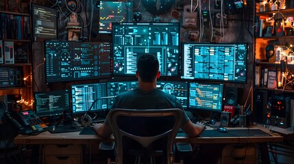 Hacker with Complex Multi Monitor Setup Surrounded by Data and Code