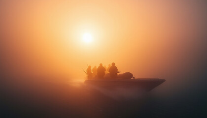 silhouette of underwater commando team advancing on boat in foggy sunrise.