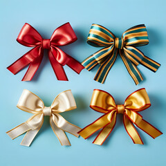 Festive Ribbon Bows Collection. A vibrant selection of decorative ribbon bows on a soft blue background, ideal for gift wrapping, holiday decor, and celebratory events.