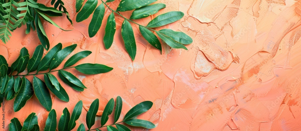Wall mural tamarind leaves in pastel background. select focus. copy space image. place for adding text and desi