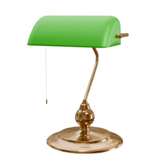 nostalgic retro table lamp with green cap and gold iron body isolated on background