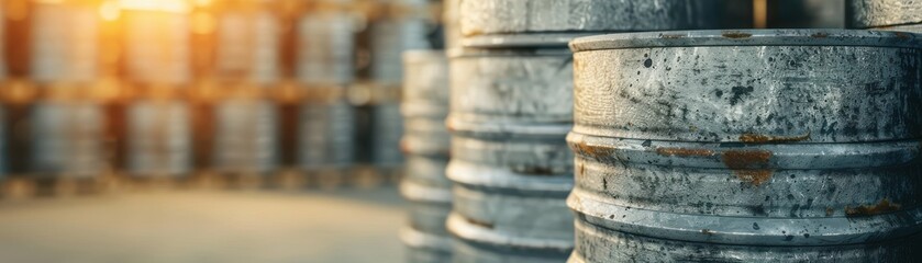 Naklejka premium Rusty metal barrels in a warehouse with sunlight streaming through. Industrial storage and environmental concept.