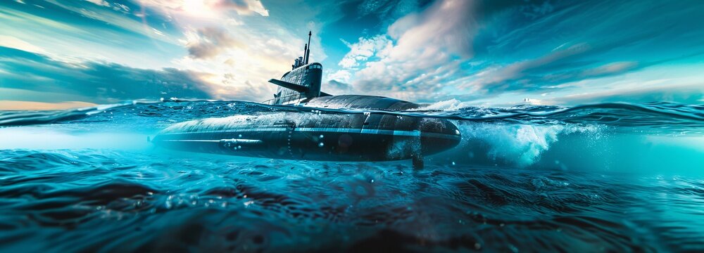 Military nuclear submarine firing undersea torpedo in ocean, wide banner.