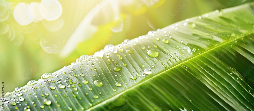 Wall mural banana leaf with water drops. close-up. nature background. copy space image. place for adding text a
