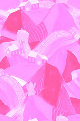 Seamless watercolor abstract pattern of fields and houses in pink monochrome color. Design for textile, prints, fabric, backgrounds. Illustration of sown meadows cartoon style.
