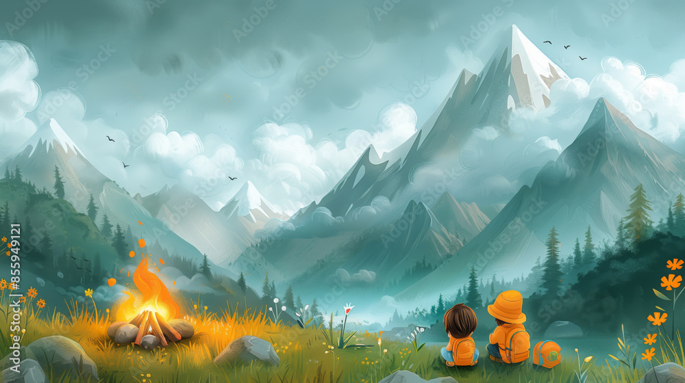 Wall mural Two children in orange hoodies sit by a campfire, surrounded by a scenic landscape of snow-capped mountains and a misty forest, with yellow flowers dotting the ground - Wall murals