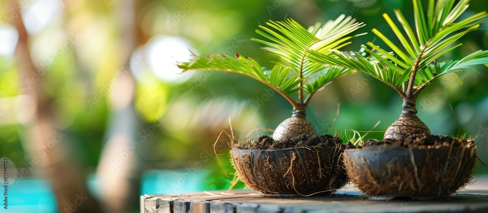 Poster coconut trees are made bonsai, photographed in closeup. copy space image. place for adding text and 