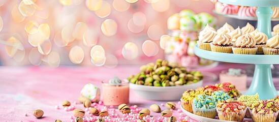 Naklejka premium Festive Happy reception guests apply to pistachio, sweets, snacks. pastel background. Copy space image. Place for adding text and design