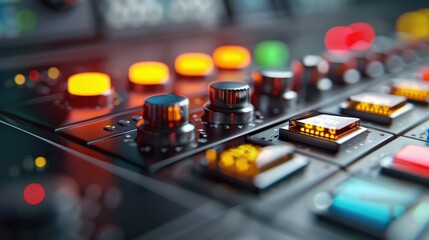 A sound mixer panel with various buttons and lights, capturing the essence of music production and audio engineering.