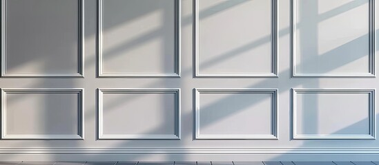 White classic molding in light room with gray matte paneled walls. Copy space image. Place for adding text and design