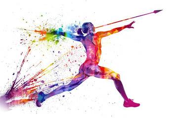 woman in sport throwing a spear , in style of an aquarelle
