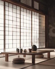 Fototapeta premium Rice paper windows illuminating an Engawa veranda with a low wooden table