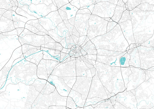 Street map art of Manchester city in England. Road map of Manchester. Black and white (blue) illustration of England streets. Great Britain city Printable poster.
