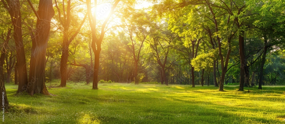 Poster Beautiful forest panorama with bright sun shining through the trees. Copy space image. Place for adding text or design