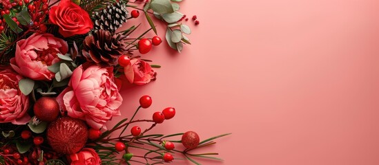 Fresh, lush bouquet of colorful flowers for present Isolated on pastel background. Wedding bouquet of red flowers and Christmas decor. Copy space image. Place for adding text and design