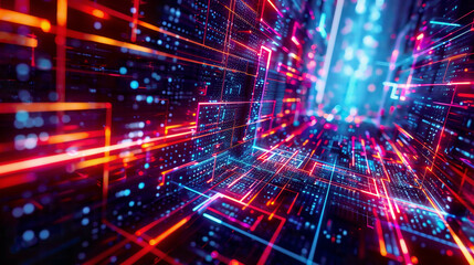 LED light effect futuristic abstract tech glare cubes digital CPU signal shining grid big data neon flare quantum computer network system magic code grid HUD lines web device blocks system