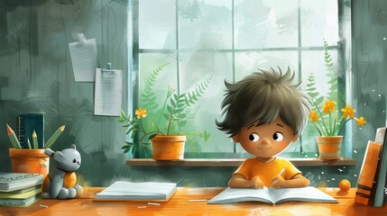 A young learner is absorbed in study amidst a serene home environment, with books and educational materials at hand